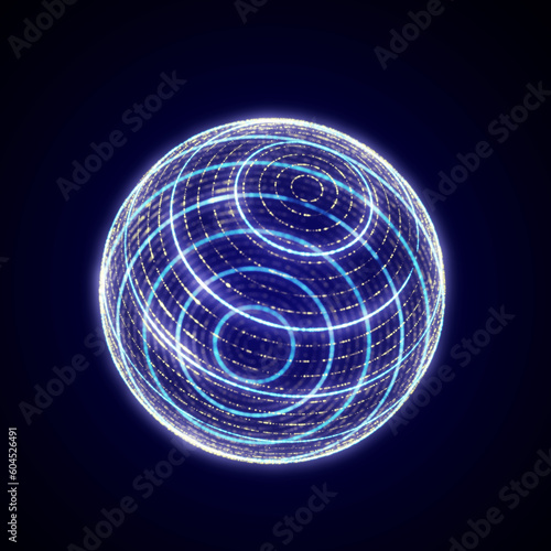 Sphere of blue particles in cyberspace. Impulse dynamic flow of global energy energy. Futuristic technology style. 3D rendering. © Vitalii