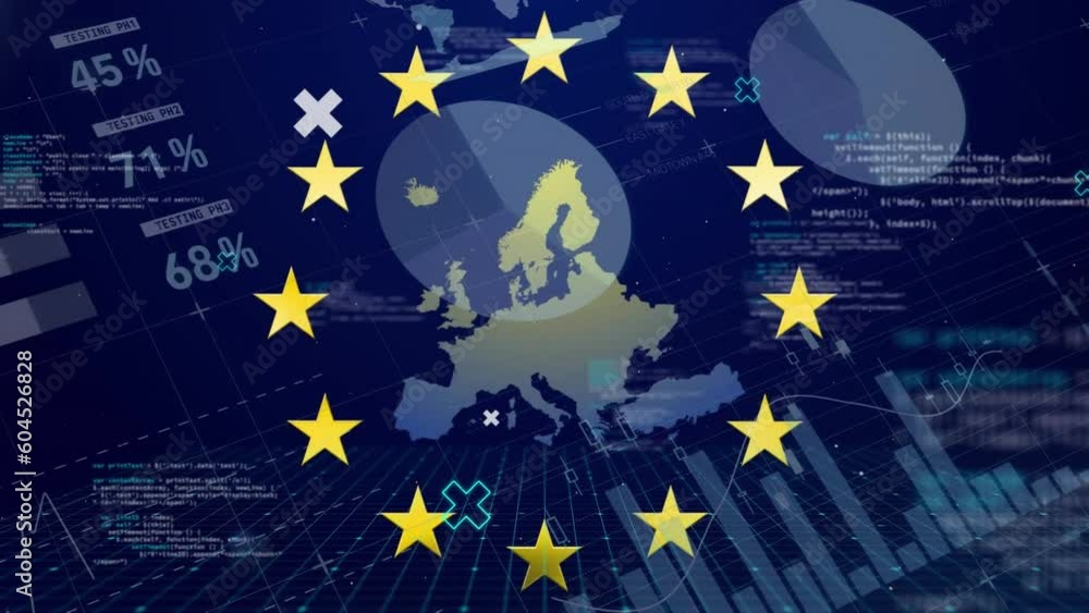 Animation of financial data processing over star of flag of european union Animation of financial data processing over star of flag of european union