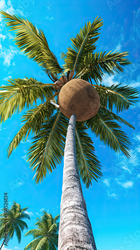 coconuts on Palm tree of on blue sky background Generative AI