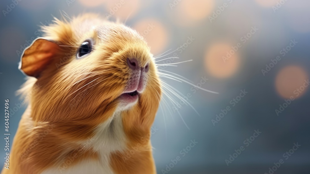 Head of furry Guinea Pig looking lateral with copy space for advertisement. space background for banner text. Generative AI Head of furry Guinea Pig looking lateral with copy space for advertisement. space background for banner text. Generative AI