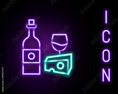 Glowing neon line Wine bottle with glass and cheese icon isolated on black background. Romantic dinner. Colorful outline concept. Vector