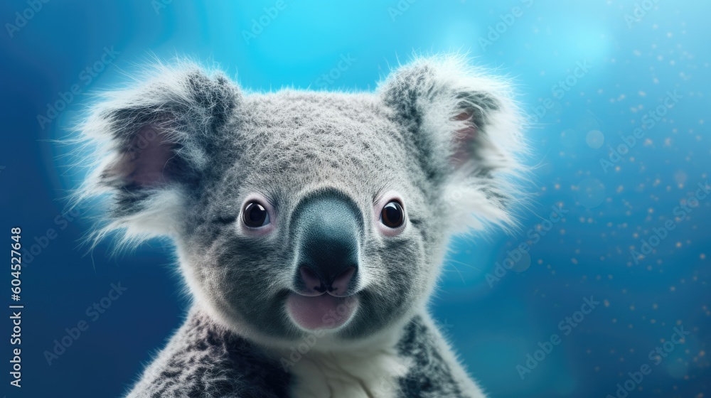 Head of furry koala looking lateral with copy space for advertisement. space background for banner text. Generative AI Head of furry koala looking lateral with copy space for advertisement. space background for banner text. Generative AI