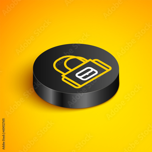 Isometric line Sport bag icon isolated on yellow background. Black circle button. Vector