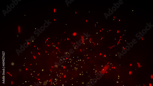 Dynamic fiery flying sparks on dark background. Flow of burning red particle. 3D rendering.