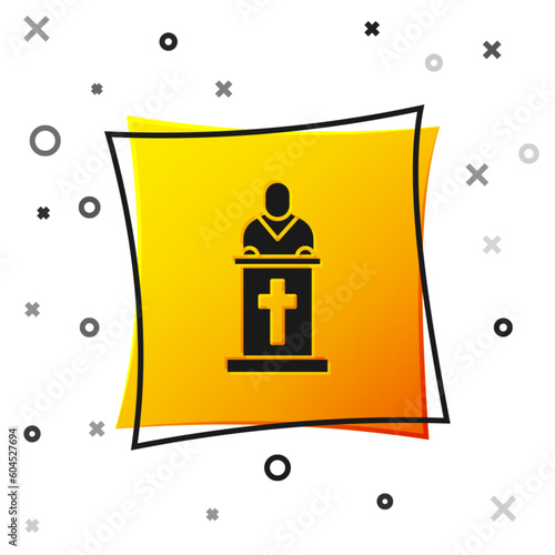 Black Church pastor preaching icon isolated on white background. Yellow square button. Vector Illustration