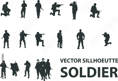 vector silhouette collection, simple designed military man in black and white, soldier in war.