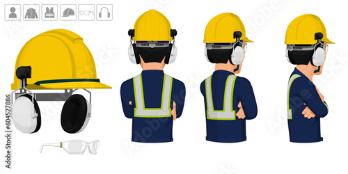worker with helmet and earmuffs on white background