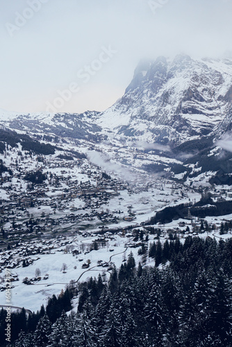 A snowy mountain landscape with a snowy mountain in the background.