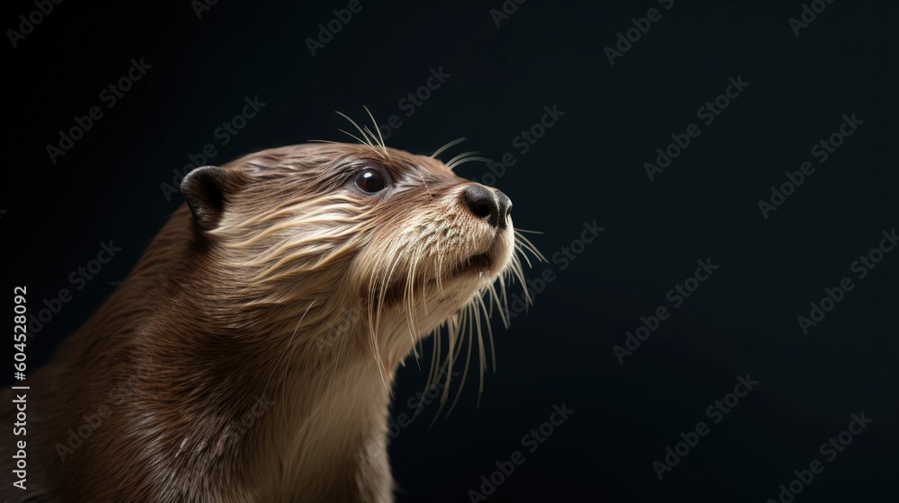 Head of otter looking lateral with copy space for advertisement. space background for banner text. Generative AI Head of otter looking lateral with copy space for advertisement. space background for banner text. Generative AI