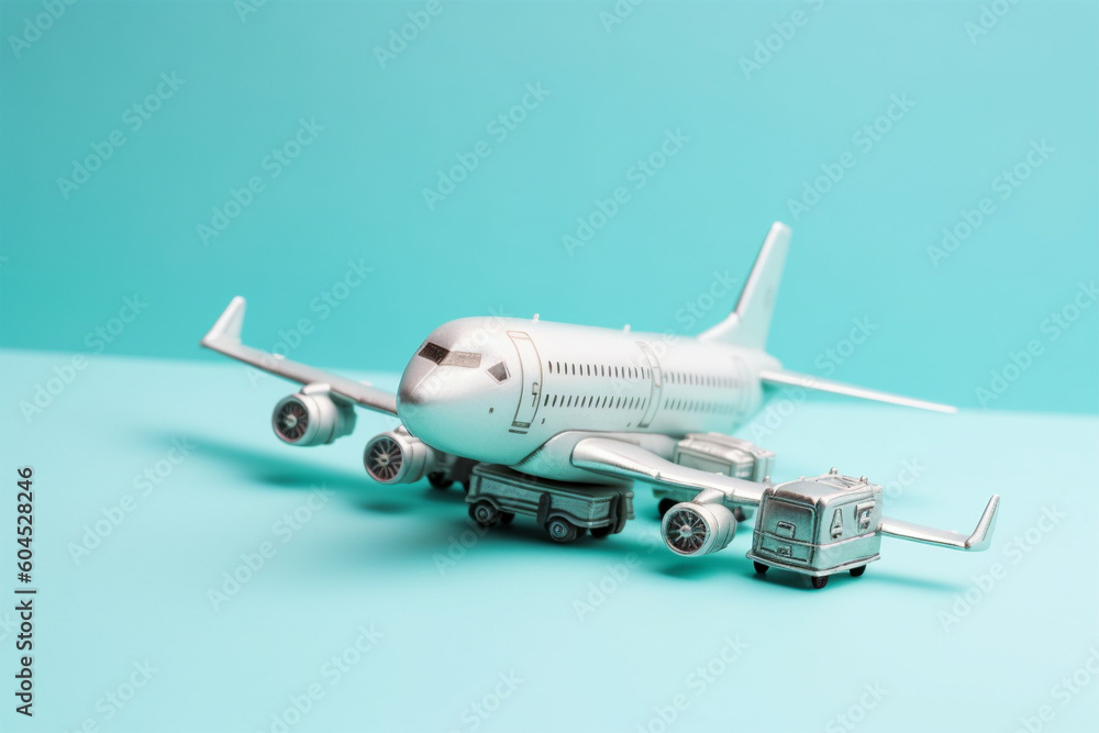 Small airplane model on blue background. Generative AI illustration