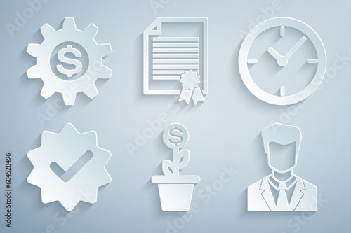 Set Dollar plant in the pot, Clock, Approved and check mark, User of man business suit, Certificate template and Gear with dollar symbol icon. Vector