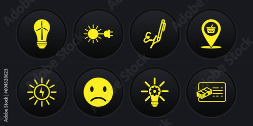 Set Solar energy panel, Location shopping basket, Sad smile, Light bulb with gear, Signature, Sun electric plug, Financial document and wind turbine icon. Vector