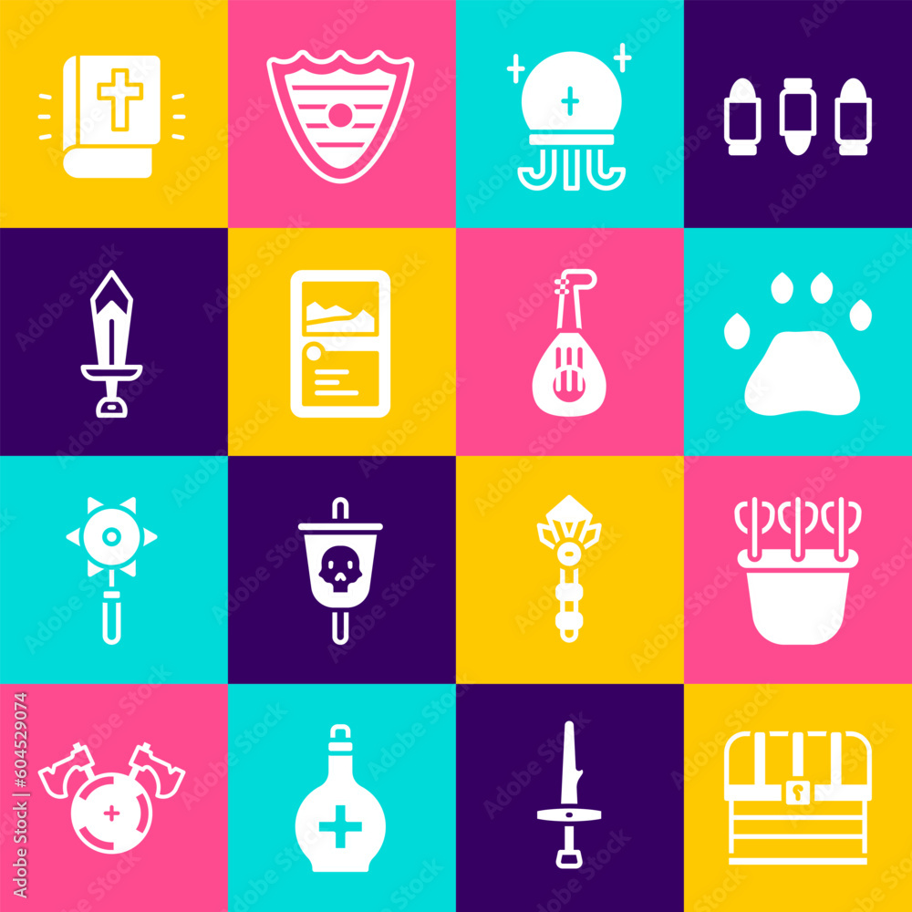 Set Chest, Quiver with arrows, Bear paw footprint, Magic ball, Card game collection, Sword for, Holy bible book and Lute icon. Vector Set Chest, Quiver with arrows, Bear paw footprint, Magic ball, Card game collection, Sword for, Holy bible book and Lute icon. Vector