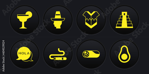 Set Hola, Chichen Itza in Mayan, Cigar, Burrito, Poncho, Mexican man sombrero, Avocado fruit and Margarita cocktail icon. Vector