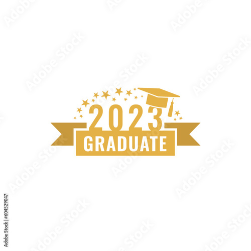 Graduate 2023. Graduation party logo design. Class of 2023 with graduation cap and ribbon. Graduation symbols. Vector illustration. 