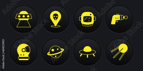 Set Astronaut helmet, Ray gun, Planet Saturn, UFO flying spaceship, Alien, Satellite and icon. Vector