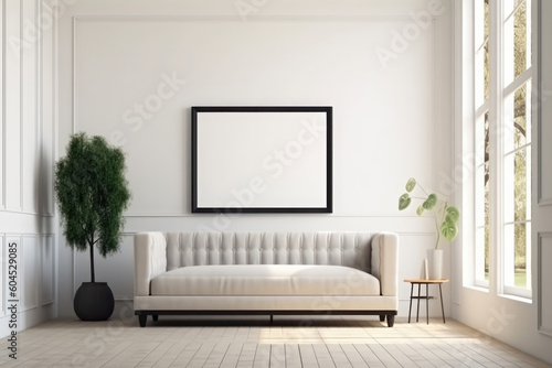 This contemporary living room boasts a comfortable white couch, neutral decor, and natural light for a fresh and serene atmosphere. AI Generative.