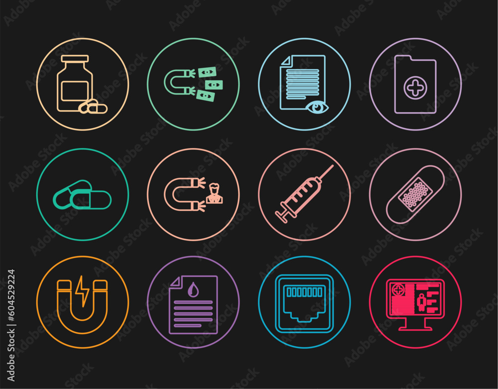 Set line Clinical record on monitor, Bandage plaster, Paper page with eye, Customer attracting, Medicine pill tablet, bottle pills, Syringe and Magnet money icon. Vector Set line Clinical record on monitor, Bandage plaster, Paper page with eye, Customer attracting, Medicine pill tablet, bottle pills, Syringe and Magnet money icon. Vector