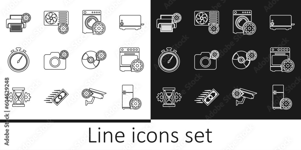 Set line Refrigerator setting, Oven, Washer, Photo camera, Stopwatch, Printer, CD DVD disk and Air conditioner icon. Vector Set line Refrigerator setting, Oven, Washer, Photo camera, Stopwatch, Printer, CD DVD disk and Air conditioner icon. Vector