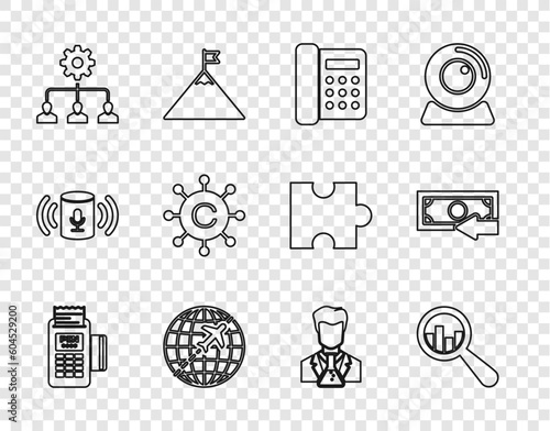 Set line POS terminal, Magnifying glass and analysis, Telephone, Globe with flying plane, Lead management, Copywriting network, Scientist test tube and Cash back icon. Vector