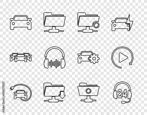 Set line Electric car, Headphone for support, FTP sync refresh, folder download, Car, and sound waves, and Video play button icon. Vector