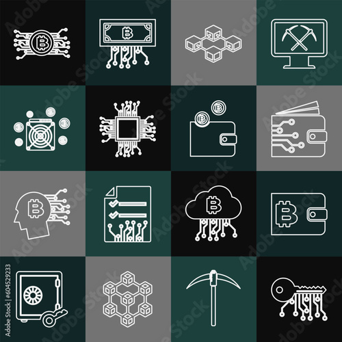 Set line Cryptocurrency key, wallet, Blockchain technology, Processor, ASIC Miner, bitcoin circuit and icon. Vector