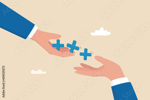 Forward positivity, growth mindset or success attitude, positive feedback, happiness or encourage people, support or optimistic concept, businessman hand forward positive plus sign to colleagues.