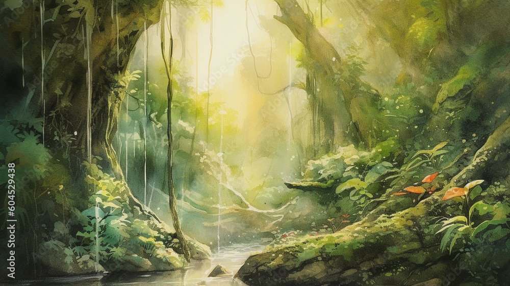 A captivating misty forest landscape illustration. Generative AI image