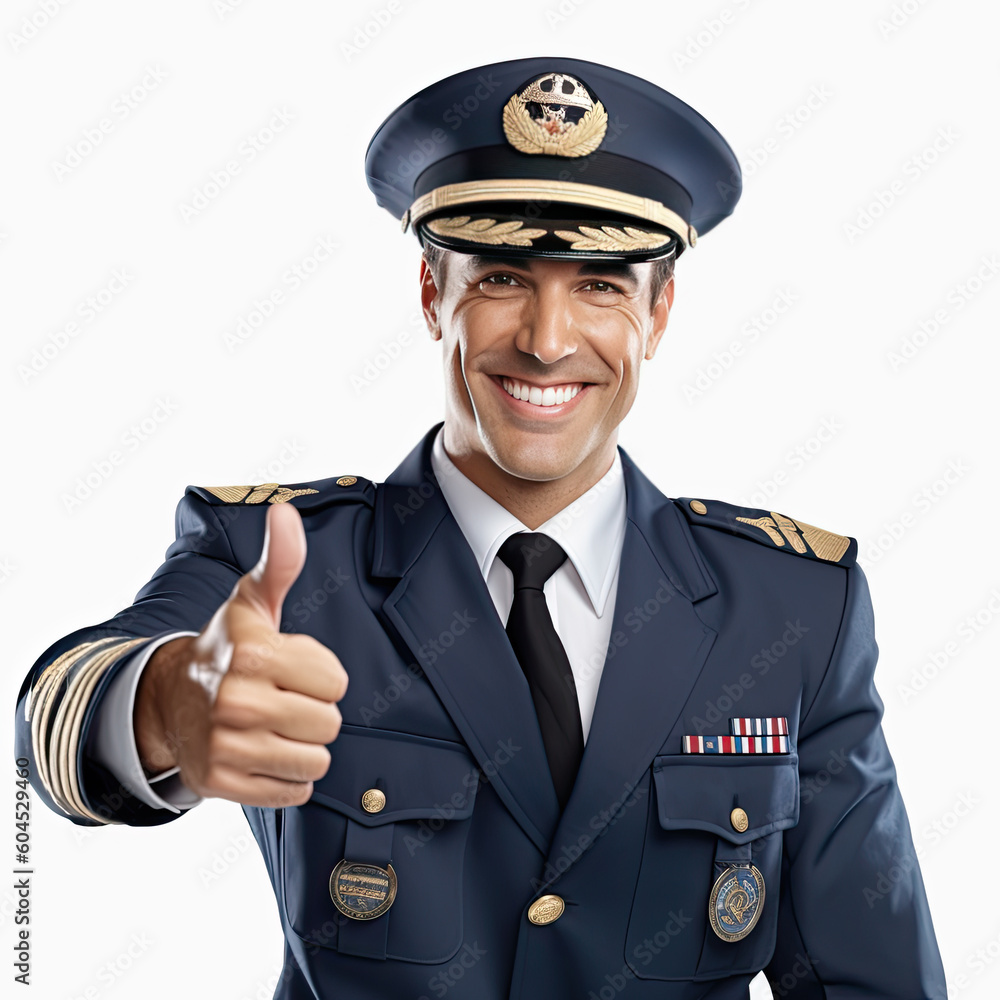 Cheerful airline pilot wearing uniform with epaulets showing thumb up gesture of approval, standing isolated on white background. Generative AI