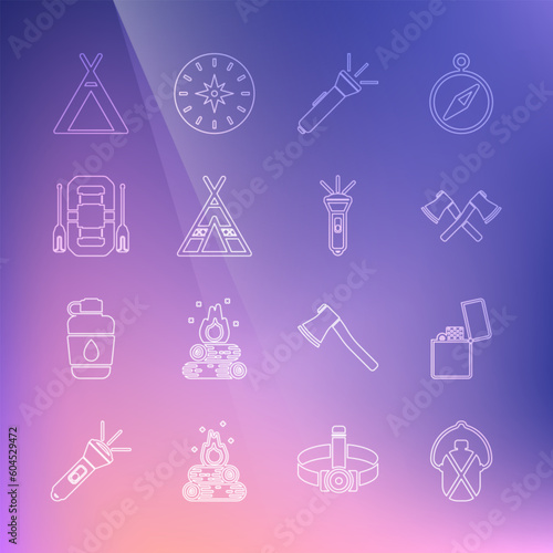 Set line Canteen water bottle, Lighter, Crossed wooden axe, Flashlight, Tourist tent, Rafting boat, and icon. Vector