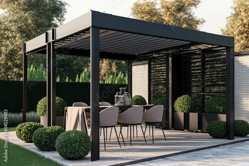 Fotótapéta Modern patio furniture include a pergola shade structure, an awning, a patio roof, a dining table, seats, and a metal grill