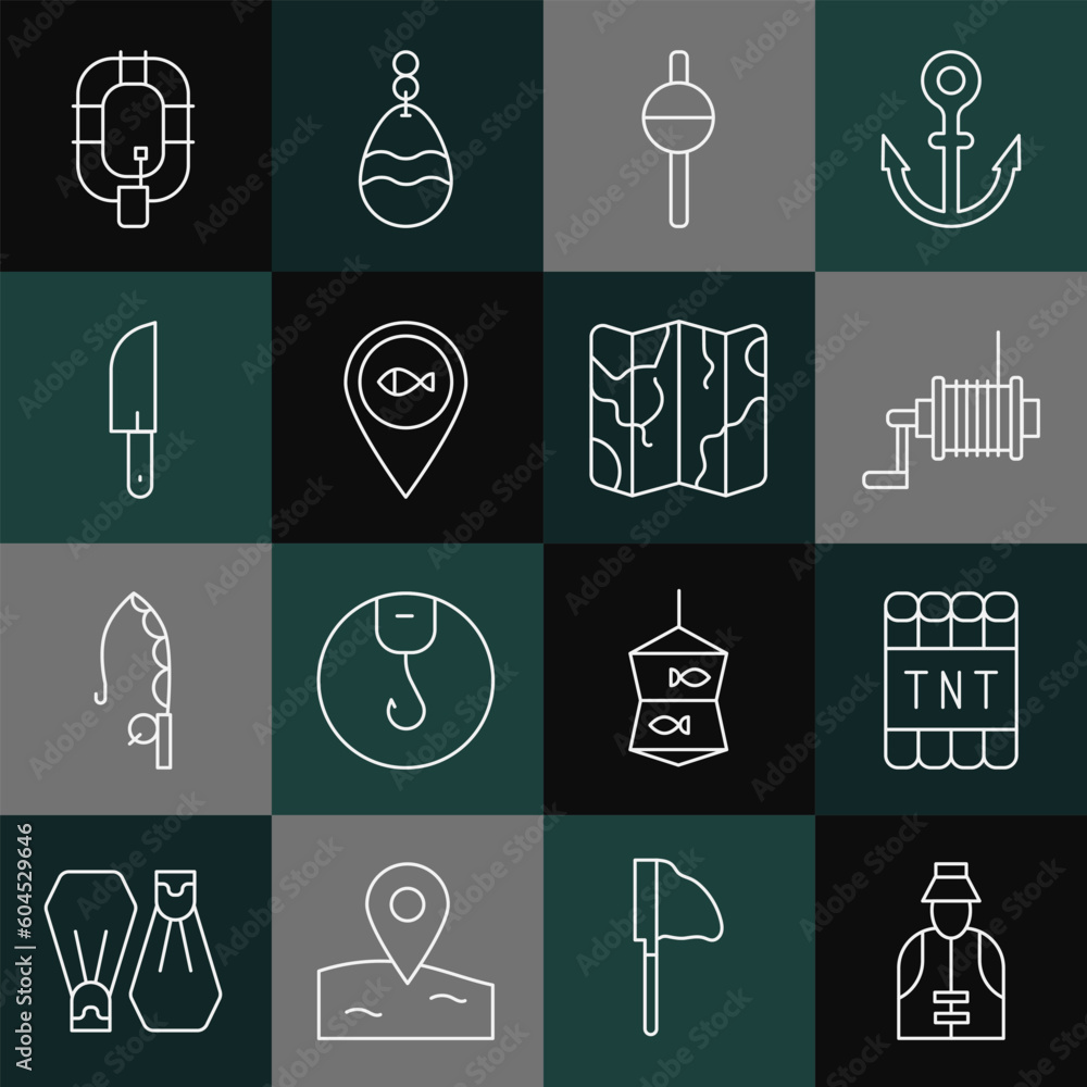Set line Fisherman, Detonate dynamite bomb stick, Spinning reel for fishing, Fishing float, Location, Knife, Inflatable boat and Folded map icon. Vector