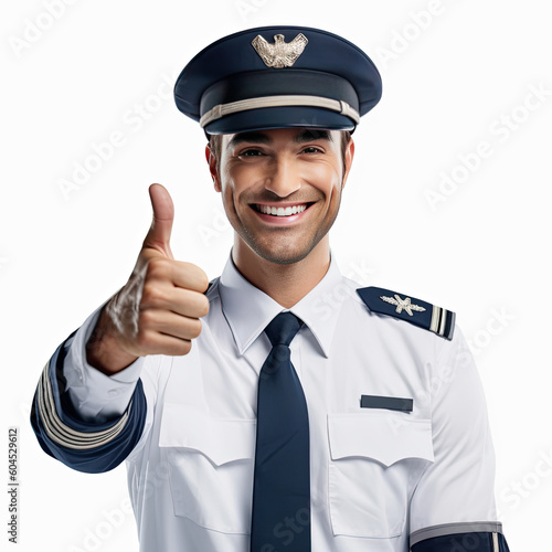 Cheerful airline pilot wearing uniform with epaulets showing thumb up gesture of approval, standing isolated on white background. Generative AI
