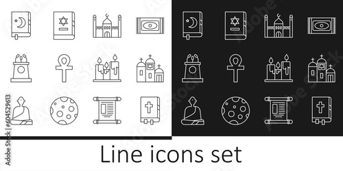 Set line Holy bible book, Church building, Muslim Mosque, Cross ankh, Stage stand or tribune, of Koran, Burning candles and Jewish torah icon. Vector