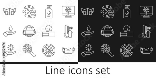Set line Medical protective mask, High human body temperature, Liquid antibacterial soap, Earth with medical, Washing hands, Wet wipe pack and Negative virus icon. Vector