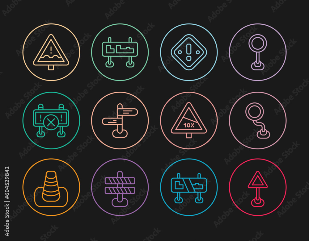 Set line Triangle warning blank, Road traffic sign, Exclamation mark triangle, barrier, Uneven road ahead, Steep ascent and descent and icon. Vector Set line Triangle warning blank, Road traffic sign, Exclamation mark triangle, barrier, Uneven road ahead, Steep ascent and descent and icon. Vector