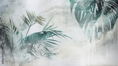 Palm leaves create silhouette against white wall backdrop. Generative AI image