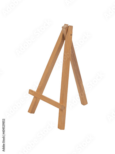 Small wooden empty easel, smartphone stand, isolated on transparent background.