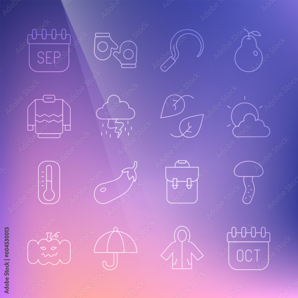 Set line October calendar autumn, Mushroom, Sun and cloud weather, Sickle, Storm, Sweater, September and Leaf icon. Vector Set line October calendar autumn, Mushroom, Sun and cloud weather, Sickle, Storm, Sweater, September and Leaf icon. Vector