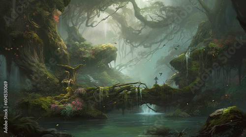 A captivating misty forest landscape illustration. Generative AI image