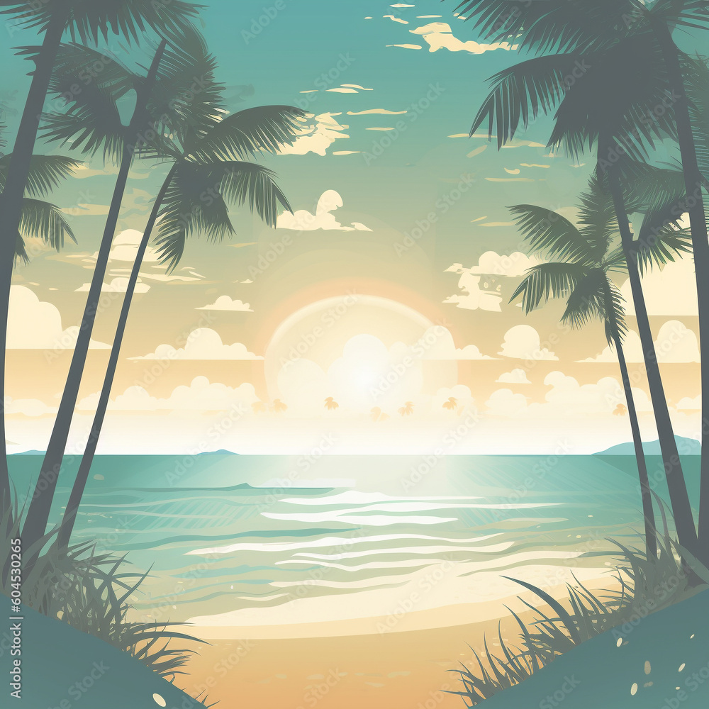 Vector background with tropical oasis with palm trees and sea. Generative AI image
