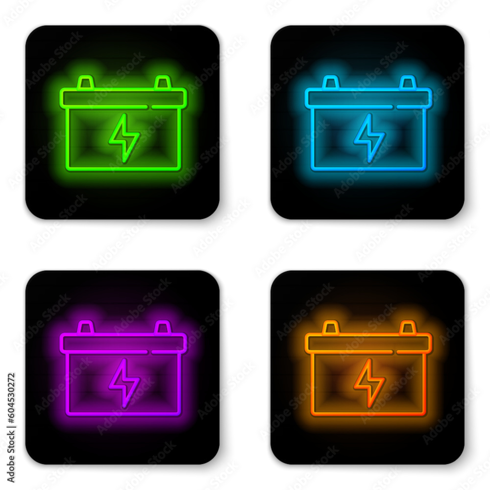 Glowing neon line Car battery icon isolated on white background. Accumulator battery energy power and electricity accumulator battery. Black square button. Vector Glowing neon line Car battery icon isolated on white background. Accumulator battery energy power and electricity accumulator battery. Black square button. Vector