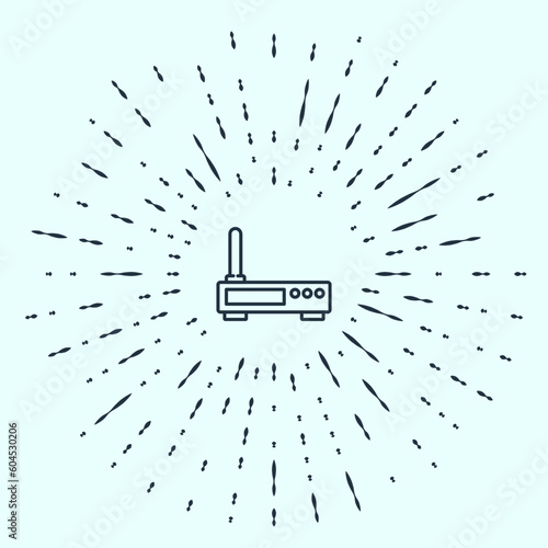 Black line Router and wi-fi signal icon isolated on grey background. Wireless ethernet modem router. Computer technology internet. Abstract circle random dots. Vector