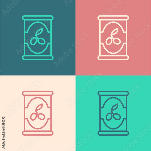 Pop art line Olives in can icon isolated on color background. Concept of canned food. Vector