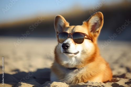 a dog dozing off on the beach while wearing sunglasses. Generative AI photo