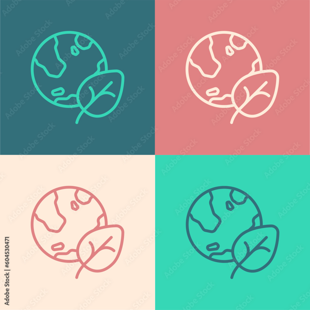 Pop art line Earth globe and leaf icon isolated on color background. World or Earth sign. Geometric shapes. Environmental concept. Vector