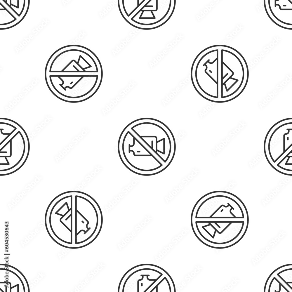 Grey line Prohibition sign no video recording icon isolated seamless pattern on white background. Vector Grey line Prohibition sign no video recording icon isolated seamless pattern on white background. Vector