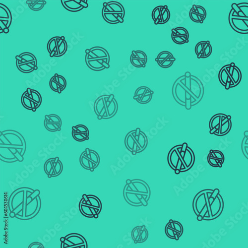 Black line No smoking icon isolated seamless pattern on green background. Cigarette smoking prohibited sign. Vector
