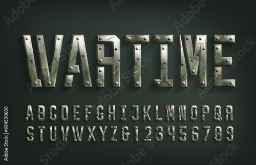 Wartime alphabet font. Scratched metal letters and numbers. Stock vector typeface for your design.