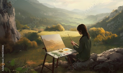 Girl painting landscape on canvas